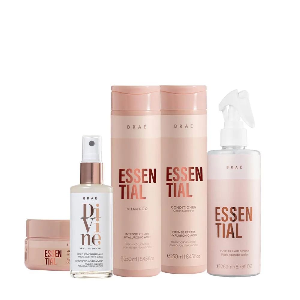 Kit Braé Essential Shampoo Condicionador Hair Spray Máscara E Divine Queratina Líquida (5 Produtos)