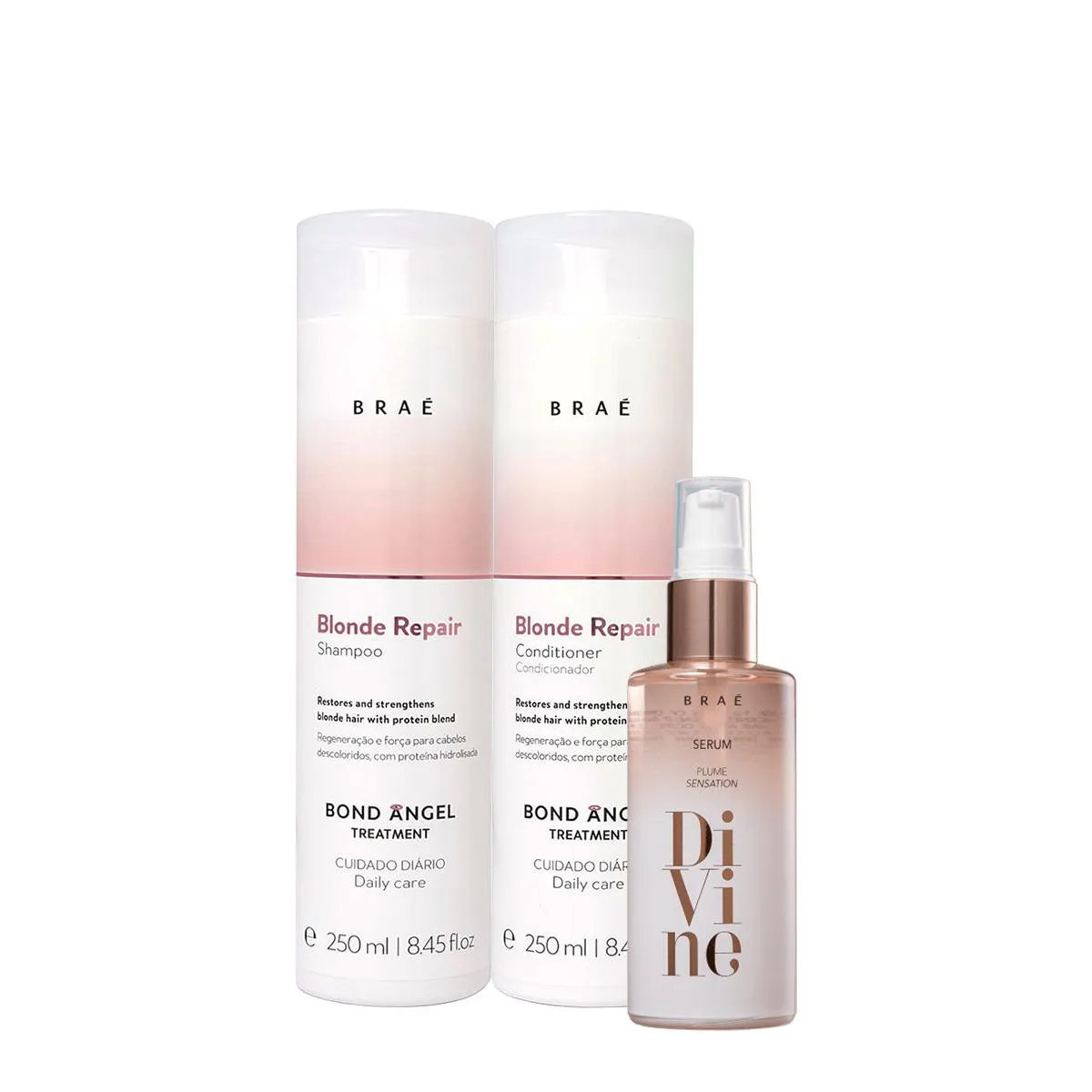 Kit Braé Blond Repair Shampoo Condicionador E Divine Plume Sensation Sérum  (3 Produtos)