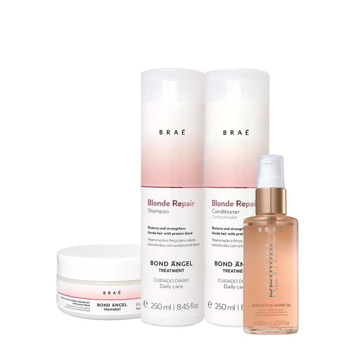 Kit Braé Blond Repair Shampoo Condicionador Máscara E Gorgeus Shine Oil (4 Produtos)