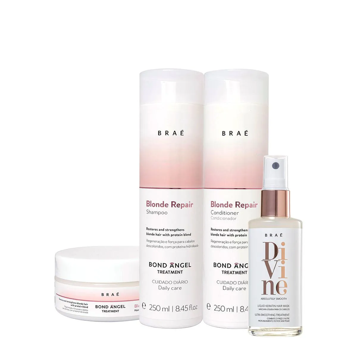 Kit Braé Blond Repair Shampoo Condicionador Máscara E Divine Máscara De Queratina Liquida (4 Produtos)