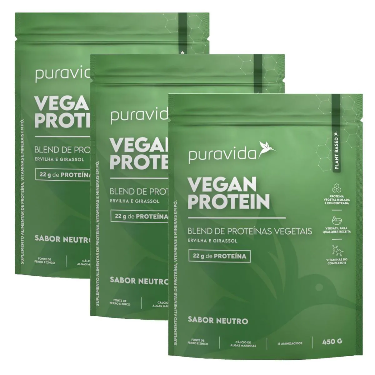 3X VEGAN PROTEIN NEUTRO- PURA VIDA-450G- PROTEíNAS VEGETAIS