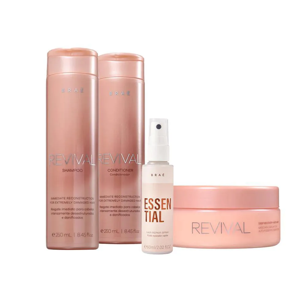 Kit Braé Revival Shampoo E Condicionador 250ml, Máscara 200G, Essential 60ml (4 Produtos)