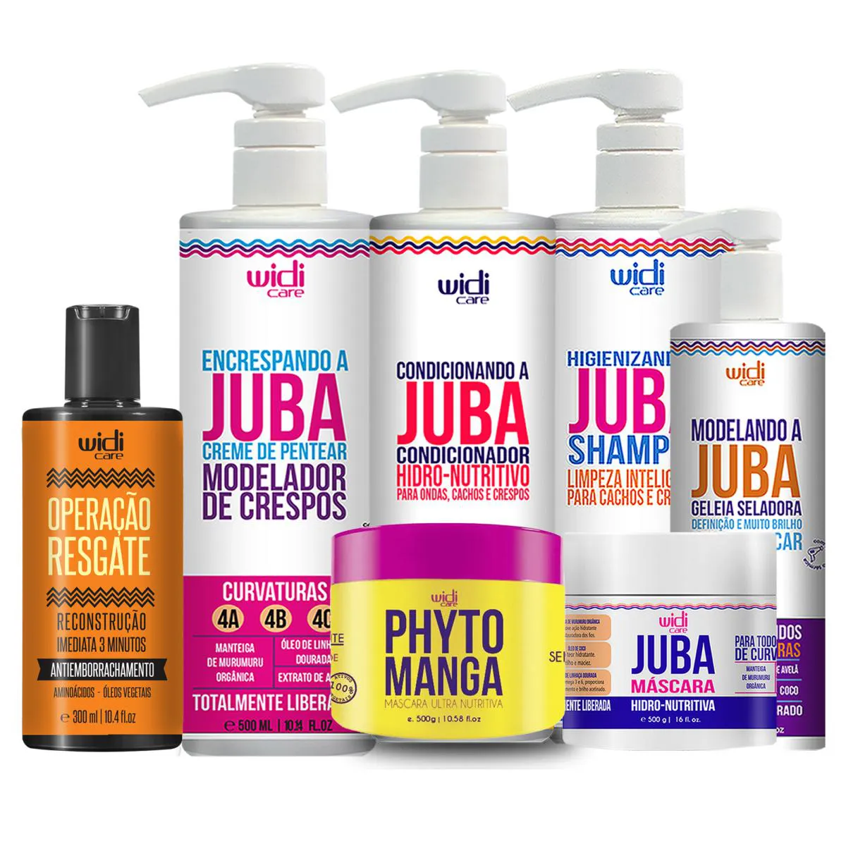 KIT WIDI CARE JUBA SHAMPOO, CONDICIONADOR, ENCRESPANDO, GELEIA, MáSCARA PHYTO MANGA E OP RESGATE