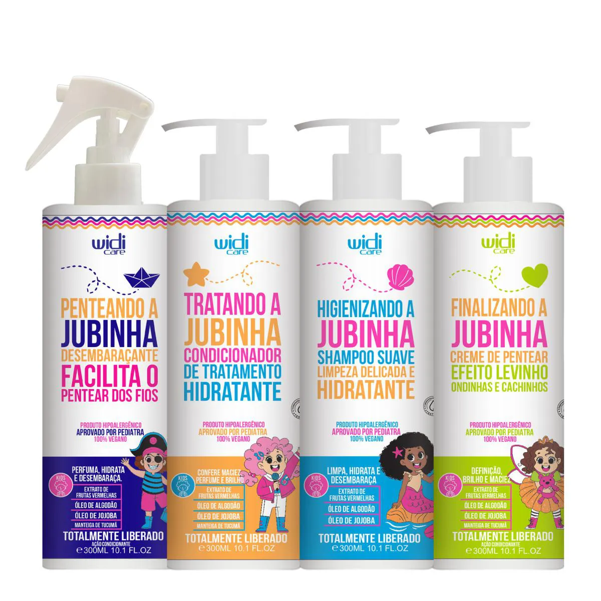 KIT WIDI CARE JUBINHA INFANTIL SHAMPOO, CONDICIONADOR, CREME DE PENTEAR LEVINHO, SPRAY DESEMBARAçANTE