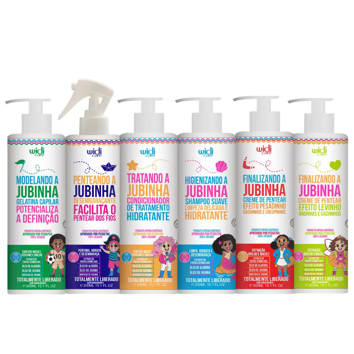 KIT WIDI CARE JUBINHA INFANTIL SHAMPOO, CONDICIONADOR, CREME DE PENTEAR PESADINHO, SPRAY DESEMBARAçANTE