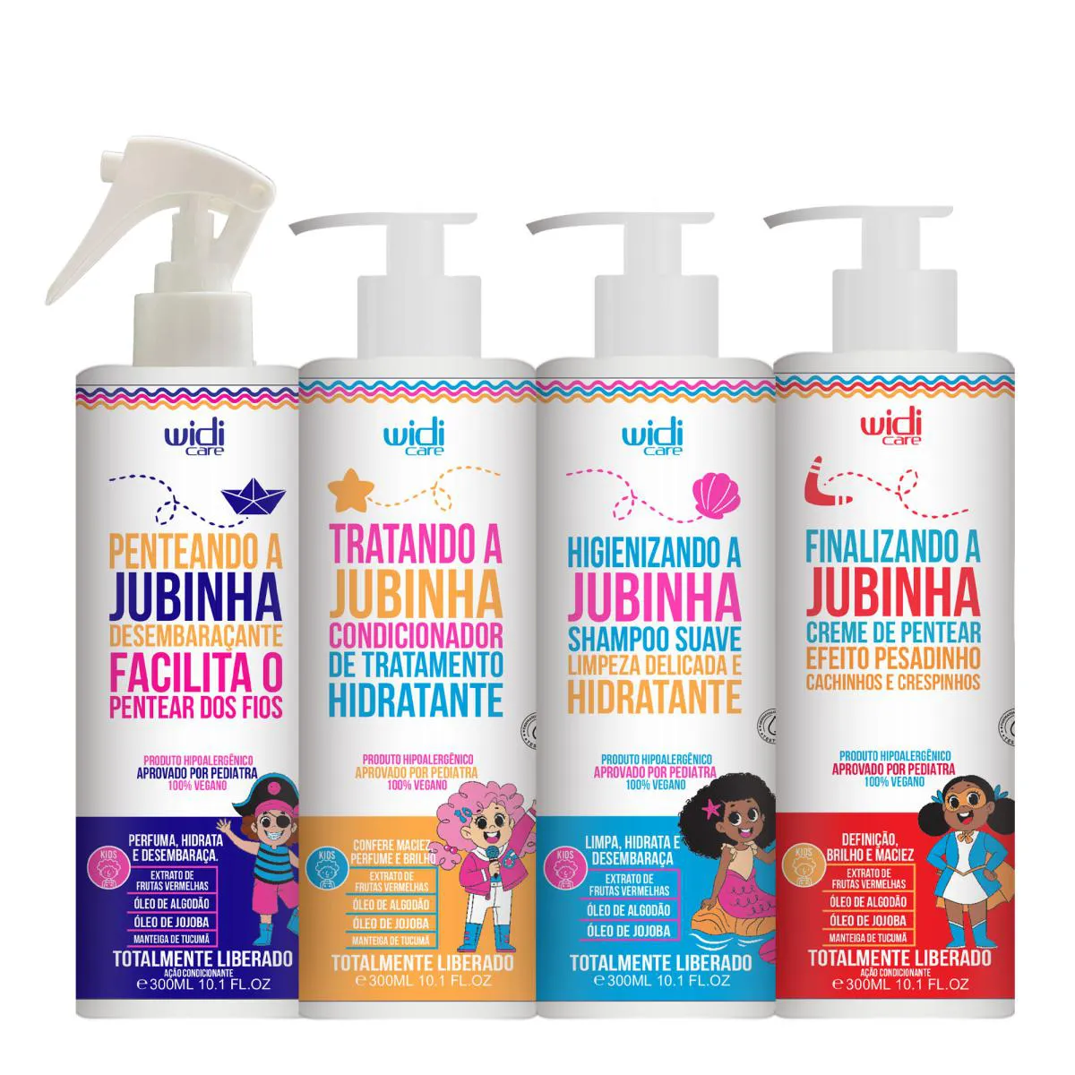 KIT WIDI CARE JUBINHA INFANTIL SHAMPOO, CONDICIONADOR, CREME DE PENTEAR PESADINHO, SPRAY DESEMBARAçANTE