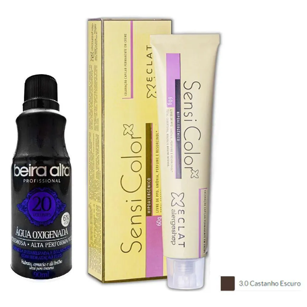 TINTURA HIPOALERGêNICA ALERGOSHOP COR 3.0 CASTANHO ESCURO 60G + ÁGUA OXIGENADA VOL. 20