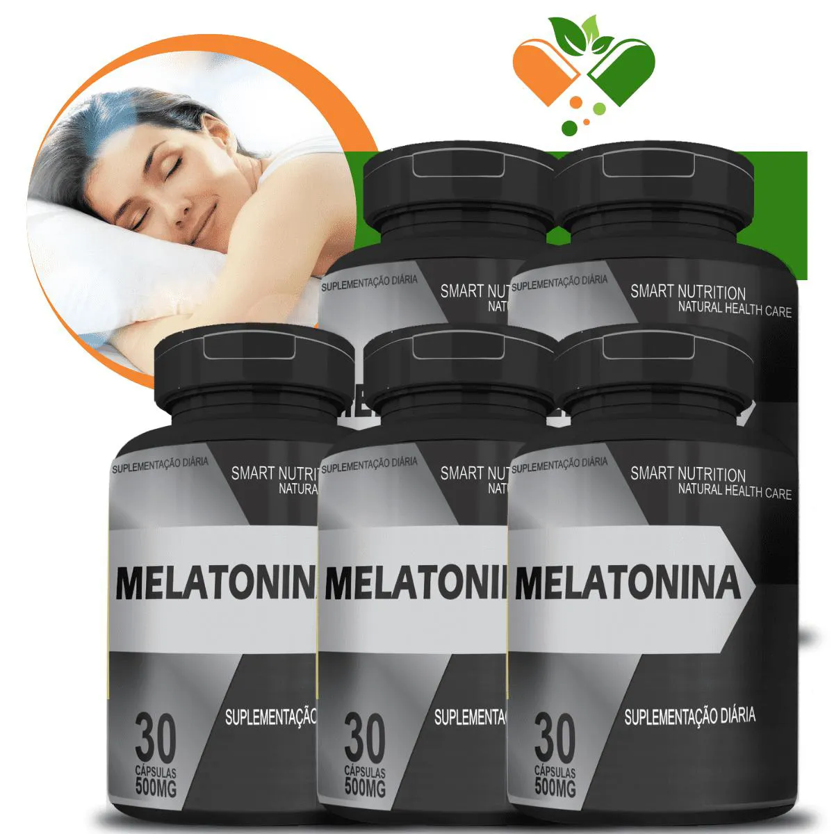 KIT COM 5 POTES MELATONINA 100% NATURAL C/30 CáPSULAS DE 500MG CADA - POTE PRETO