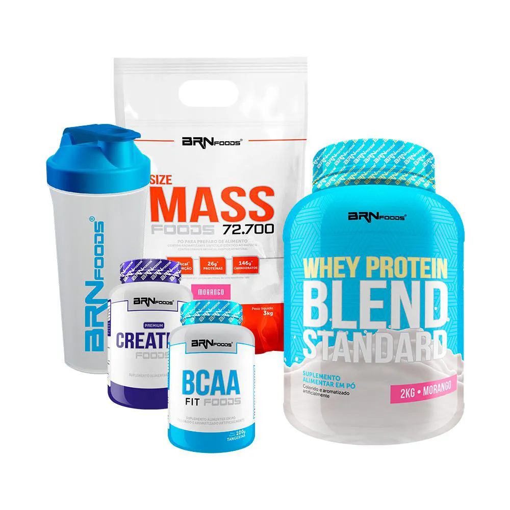 KIT SIZE MASS 3KG + BLEND STANDARD 2KG + CREATINA 100G + BCAA 100G + COQUETELEIRA - BRN FOODS  Morango