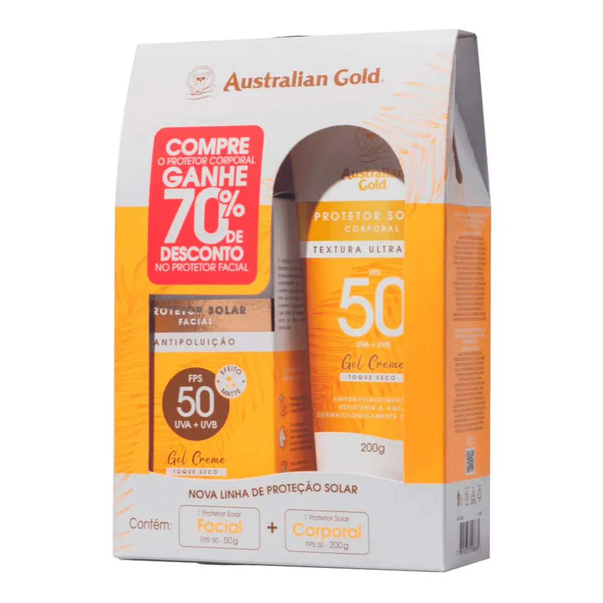 KIT AUSTRALIAN GOLD PROTETOR SOLAR FACIAL 50G + PROTETOR SOLAR CORPORAL 200G -  FPS 50