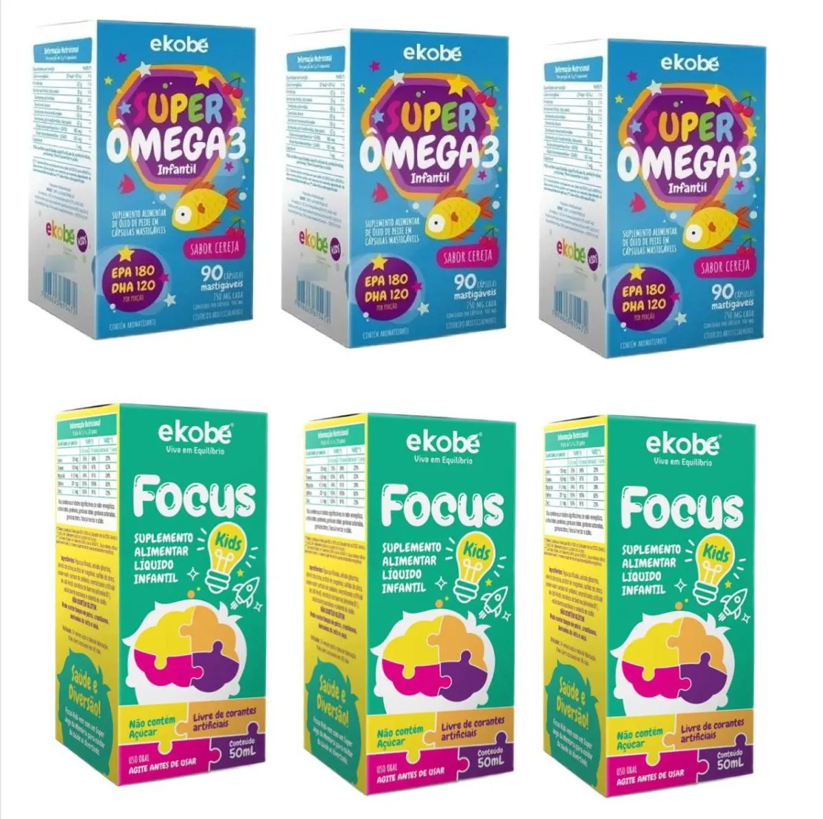Kit Ekobé Polivitamínico Infantil Focus Kids 3 unidades + Super Ômega 3 Infantil 3 unidades