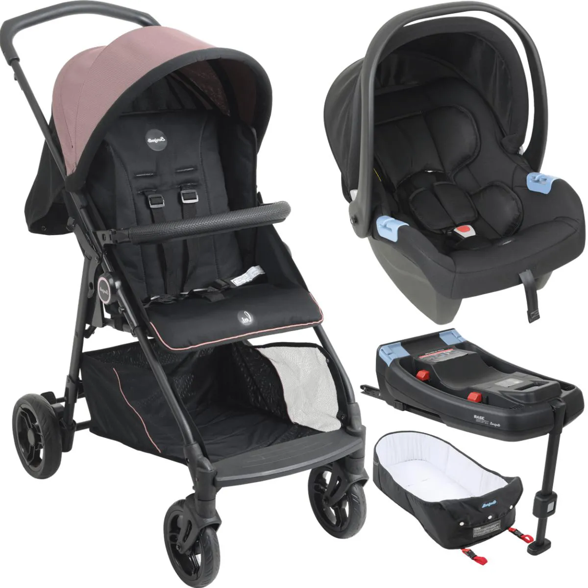 CARRINHO MOISES BEBE CONFORTO BASE ISOFIX BURIGOTTO LUI ROSE