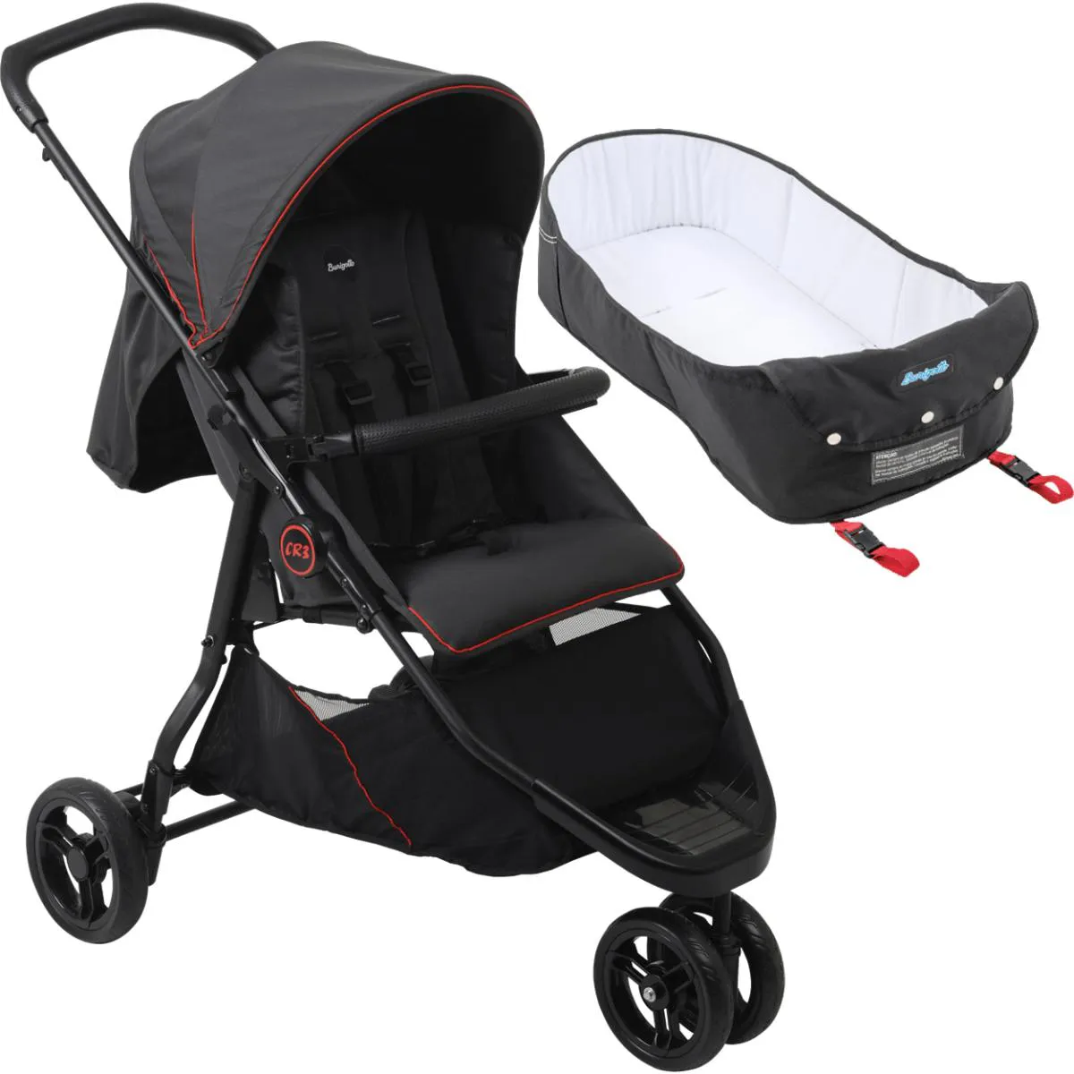 CARRINHO DE BEBE 3 RODAS COM MOISES NINHO BURIGOTTO CR3 GRAY RED