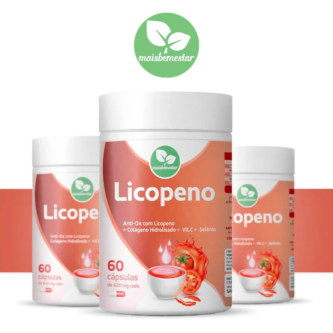 LICOPENO ANTI-OX + COLáGENO HIDROLISADO, VITAMINA C E SELêNIO - 60 CAPS - KIT 3 FRASCOS