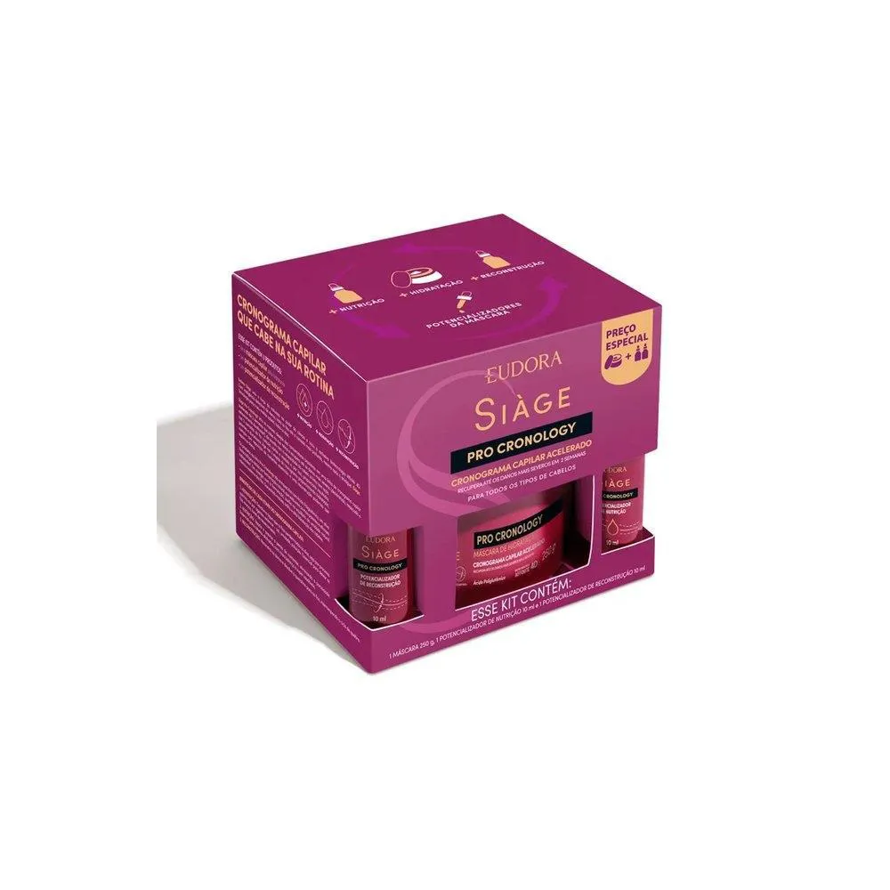 KIT EUDORA SIàGE PRO CRONOLOGY MáSCARA HIDRATAçãO 250G + POTENCIADOR NUTRIçãO 10ML + POTENCIADOR RECONSTRUçãO 10ML