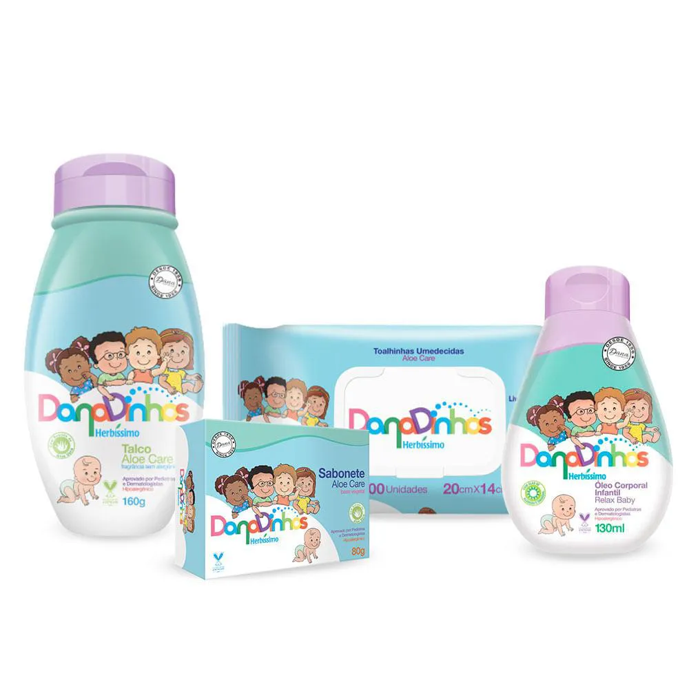 Kit Herbíssimo Danadinhos Aloe Vera (Talco, Sabonete, Lenço Umedecido e Óleo Corporal)