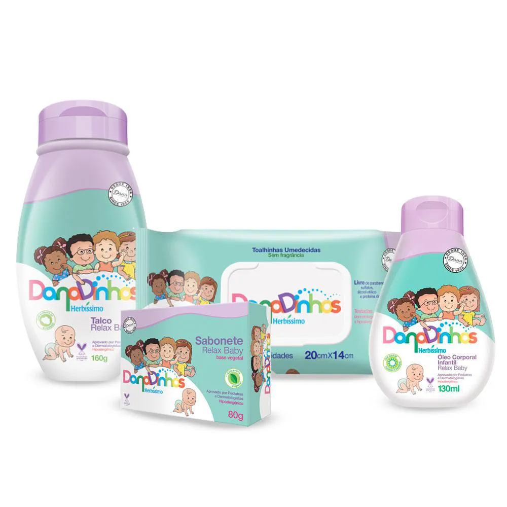 Kit Herbíssimo Danadinhos Relax (Talco, Sabonete, Lenço Umedecido e Óleo Corporal)
