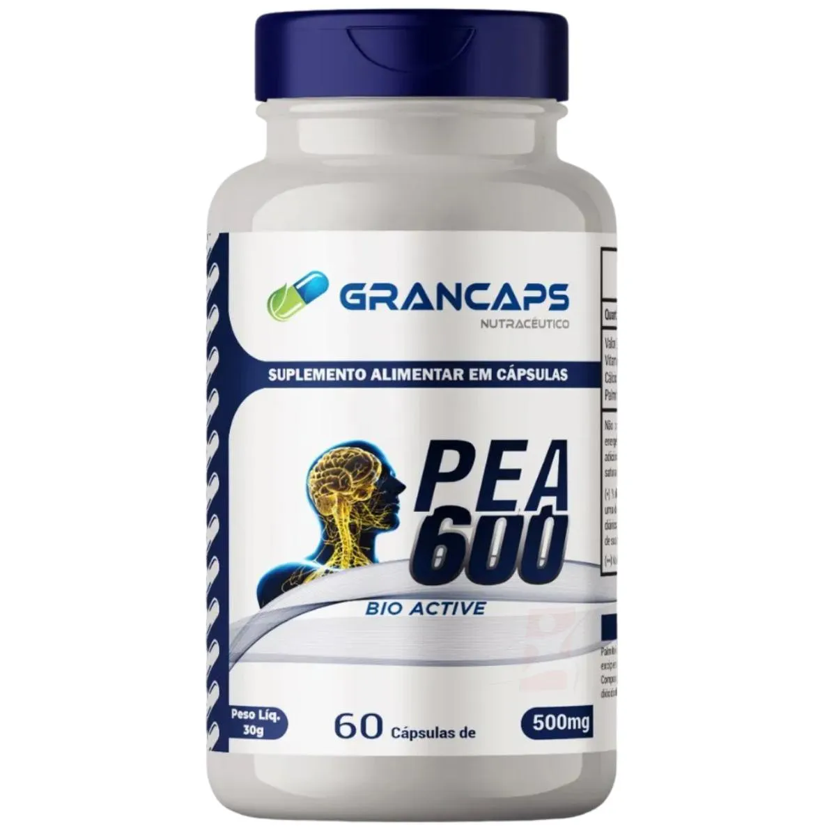 PEA 600 BIO ACTIVE PALMITOILETANOLAMIDA + VITAMINA D + CÁLCIO 60 CÁPSULAS - GRANCAPS