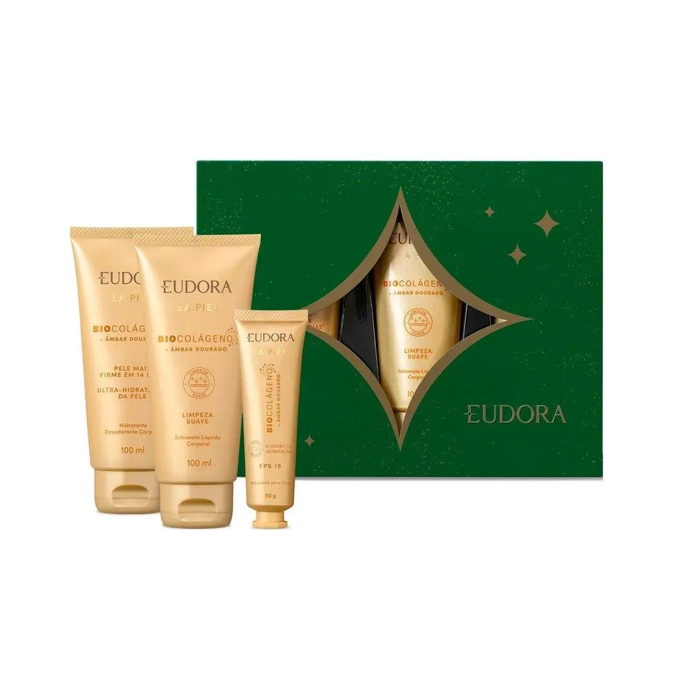 KIT EUDORA LA PIEL ÂMBAR DOURADO HIDRATANTE CORPORAL 100ML + SABONETE LíQUIDO 100ML + HIDRATANTE MãOS 50G