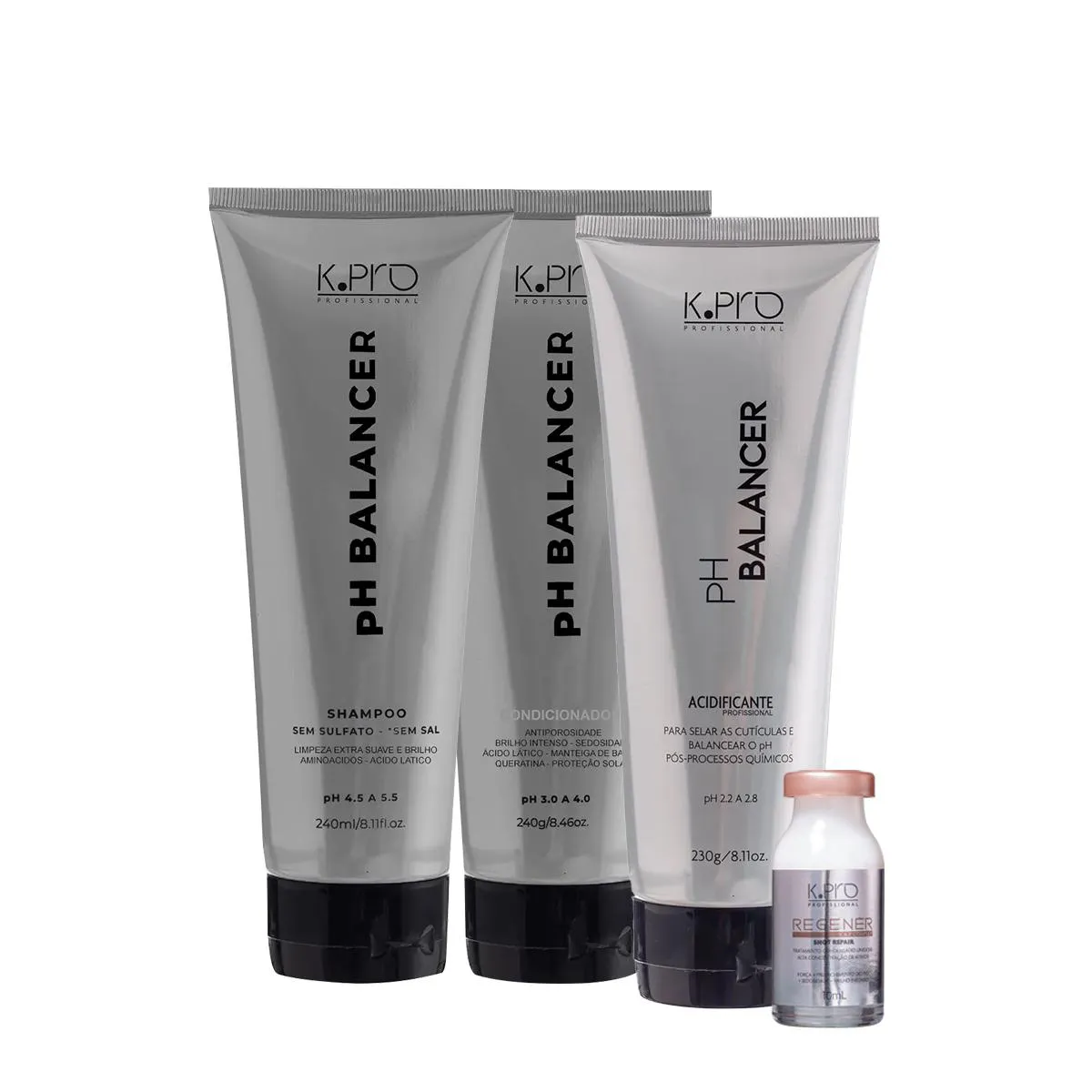 KIT K.PRO PH BALANCER SHAMPOO CONDICIONADOR ACIDIFICANTE E REGENéR SHOT AMPOLA (4 PRODUTOS)