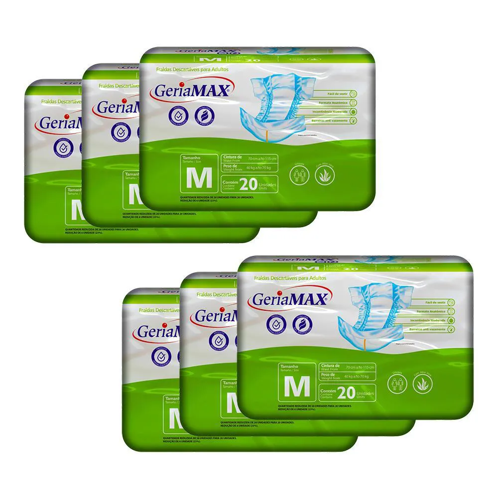 Kit Fralda Geriátrica Unissex Geriamax M Absorção Intensa 20 unidades 6 Pacotes