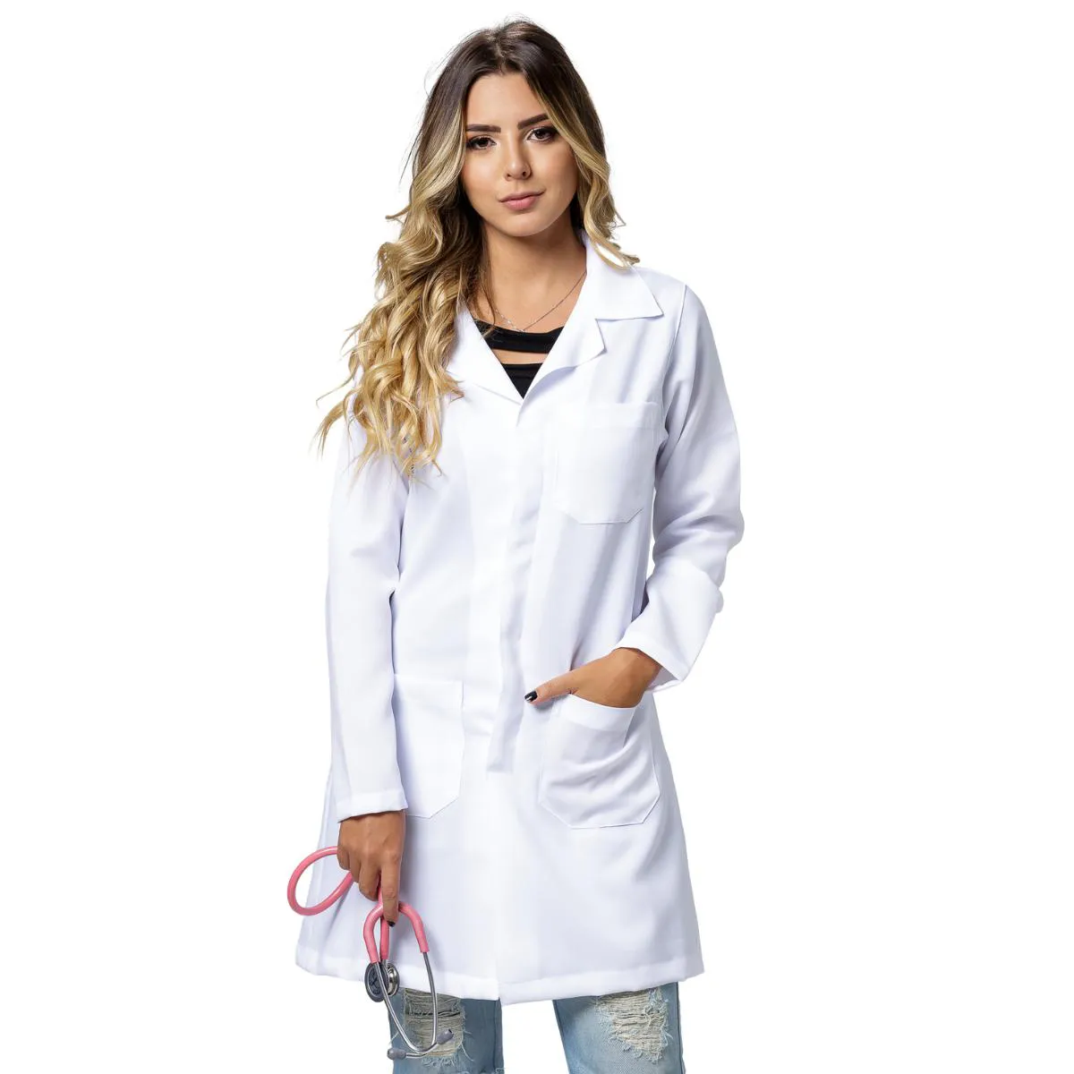 JALECO FEMININO ANNA ROSA 1312 - GABARDINE BRANCO ACINTURADO LONGO MANGA LONGA G