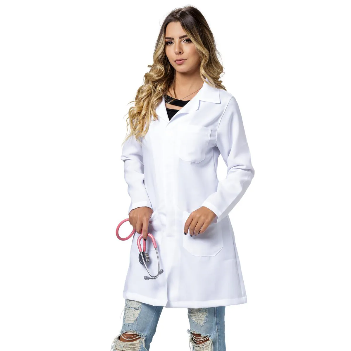 JALECO FEMININO ANNA ROSA 1312 - GABARDINE BRANCO ACINTURADO LONGO MANGA LONGA GG