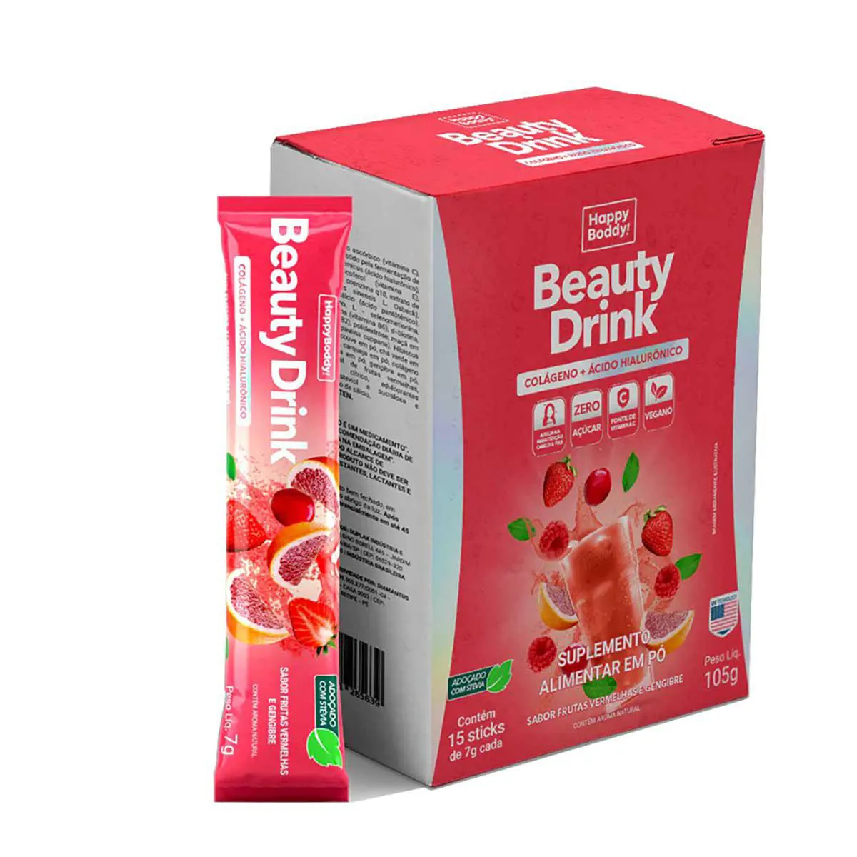 Suplemento Alimentar Beauty Drink Happy Boddy Sabor Frutas Vermelhas e Gengibre 15 Sachês