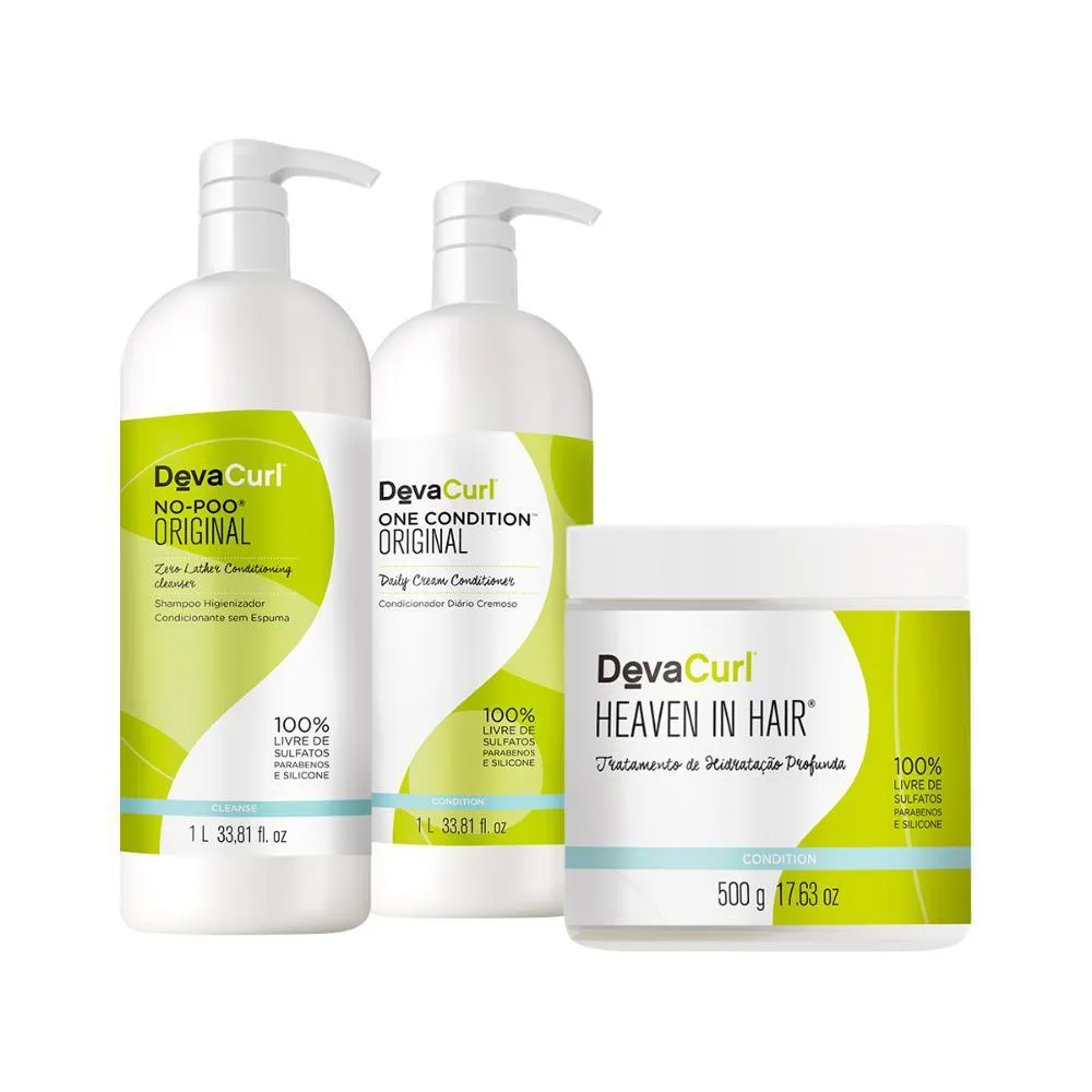 KIT DEVA CURL SHAMPOO NO-POO 1L, CONDICIONADOR ONE CONDITION 1L, MáSCARA CAPILAR HEAVEN IN HAIR 500G