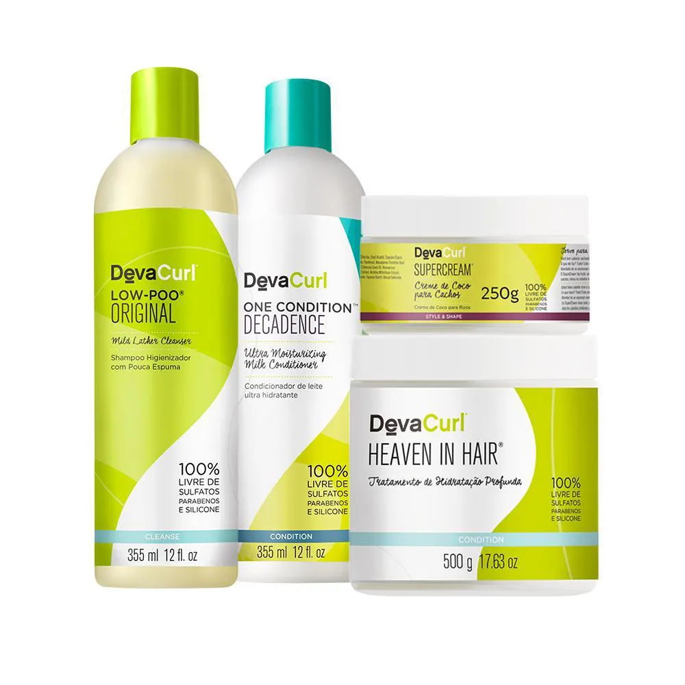 KIT DEVA CURLS LOW-POO SHAMPOO 355ML, CONDICIONADOR 355ML, MáSCARA 500G, CREME DE COCO 500G
