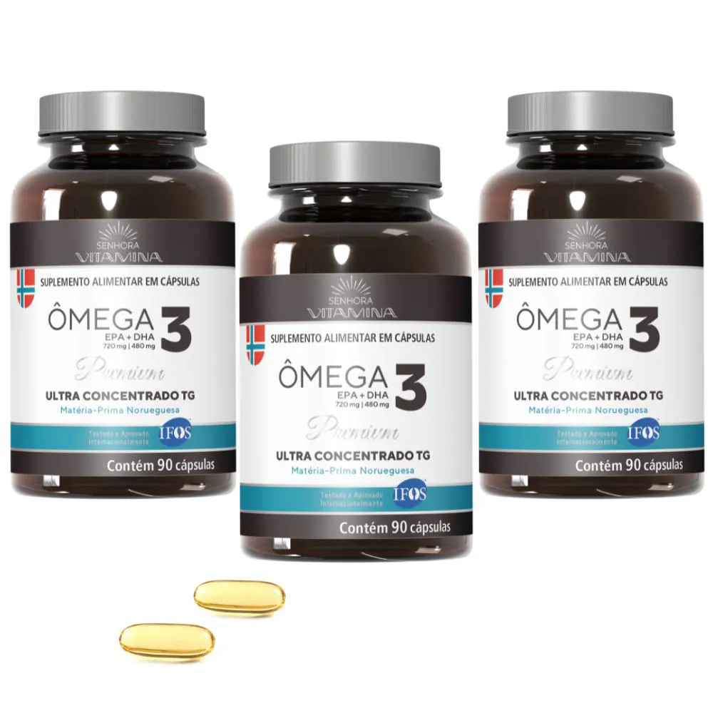 ÔMEGA 3 TG ULTRA CONCENTRADO DA NORUEGA COM CERTIFICADO IFOS 1200MG (3 POTES) (270 CáPSULAS)