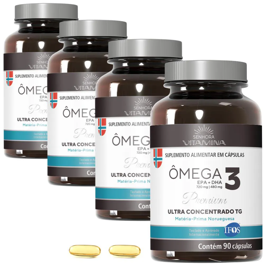 ÔMEGA 3 TG ULTRA CONCENTRADO DA NORUEGA COM CERTIFICADO IFOS 1200MG (4 POTES) (360 CáPSULAS)