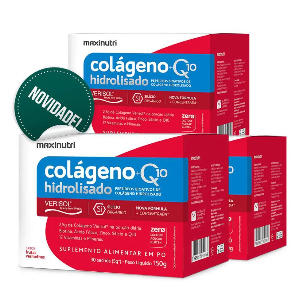KIT 3 COLáGENO VERISOL 30 SACHêS FRUTAS VERMELHAS COM Q10 + 17 VITAMINAS MAXINUTRI