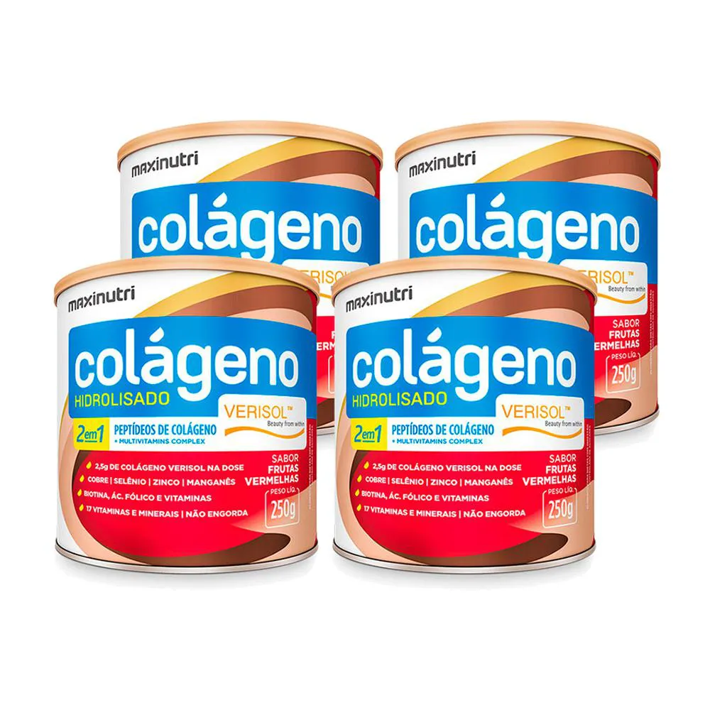 KIT 4 COLáGENO HIDROLISADO VERISOL TIPO 1 MAXINUTRI 250G SABOR FRUTAS VERMELHAS