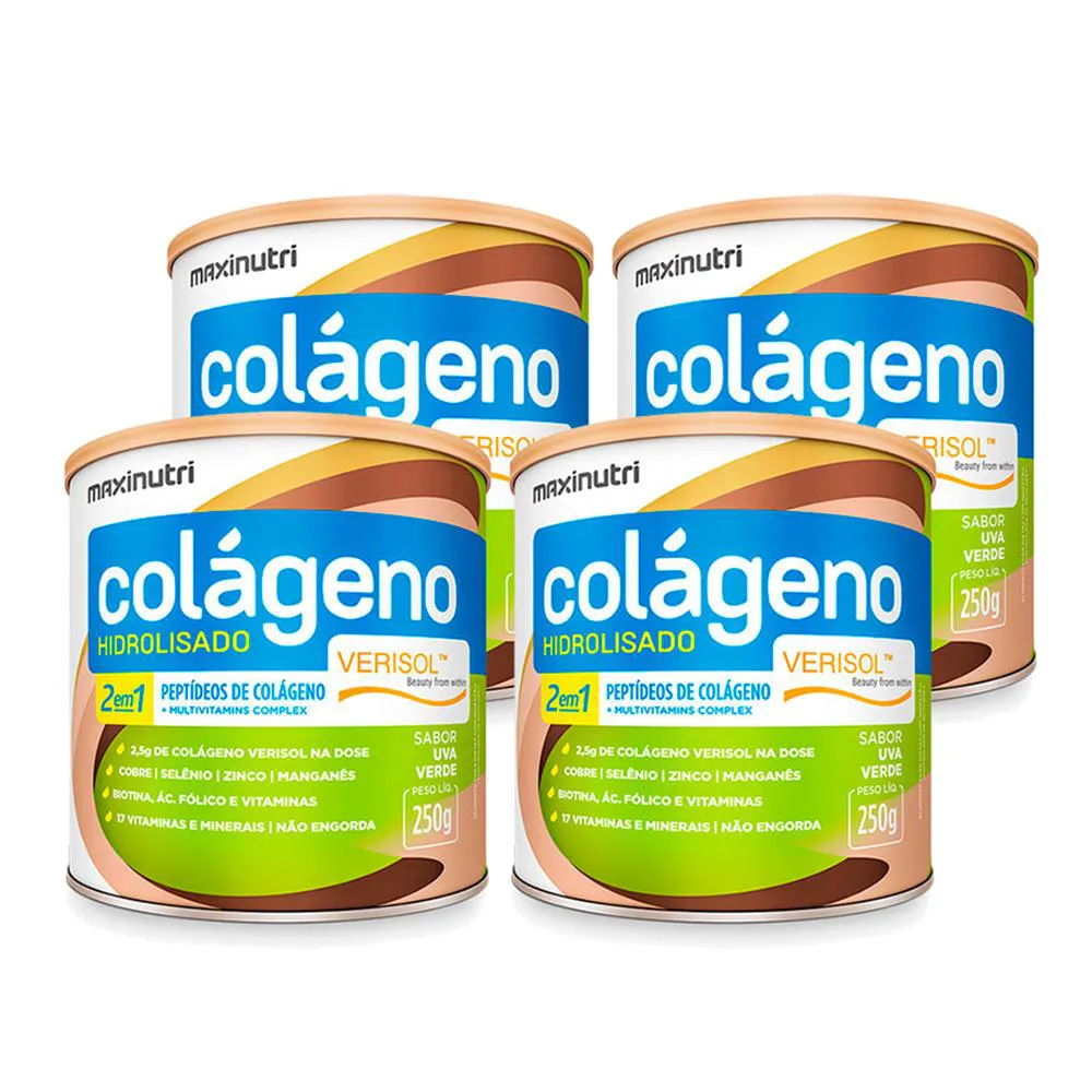 KIT 4 COLáGENO HIDROLISADO VERISOL Pó MAXINUTRI 250G SABOR UVA VERDE