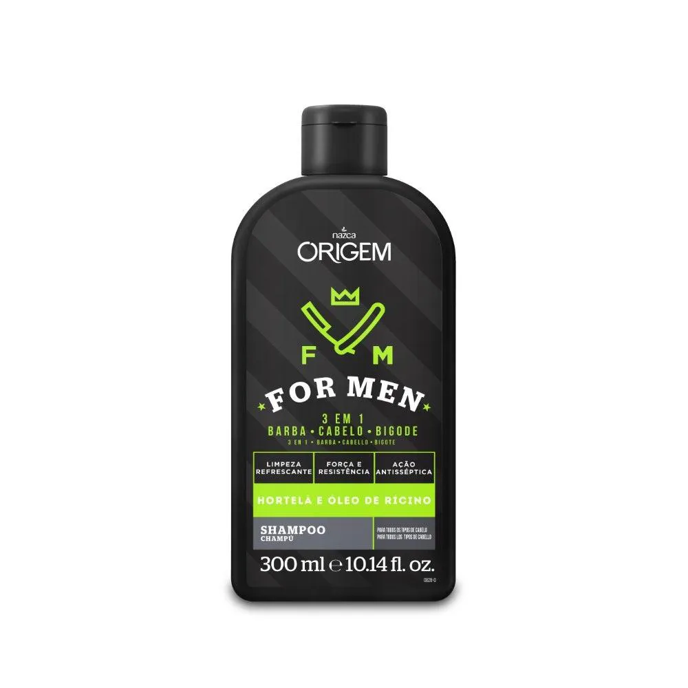 SHAMPOO NAZCA ORIGEM FOR MEN 3X1 HORTELã E ÓLEO DE RíCINO BARBA CABELO E BIGODE 300ML
