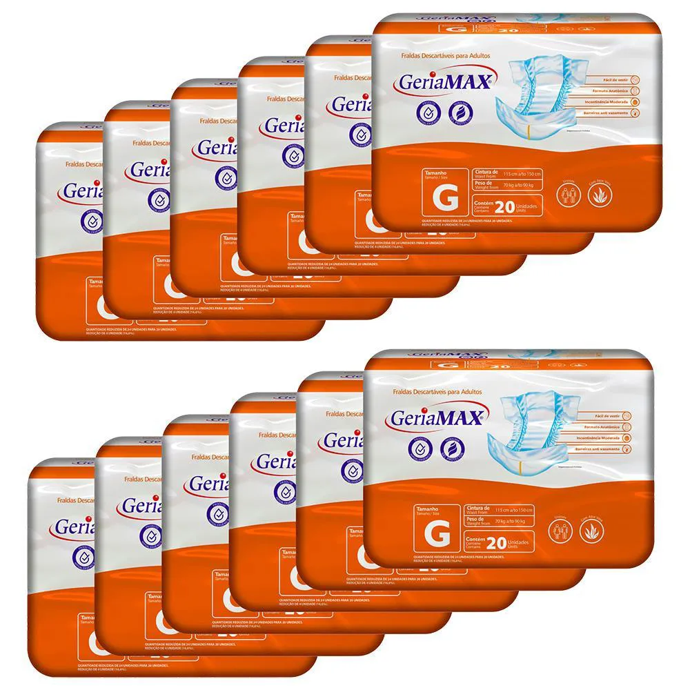 Kit Fralda Geriátrica Unissex Geriamax G Absorção Intensa 20 unidades 12 Pacotes