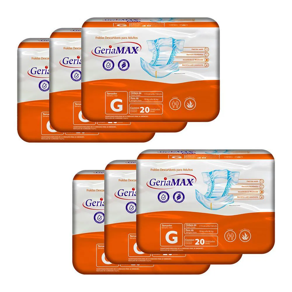 Kit Fralda Geriátrica Unissex Geriamax G Absorção Intensa 20 unidades 6 Pacotes