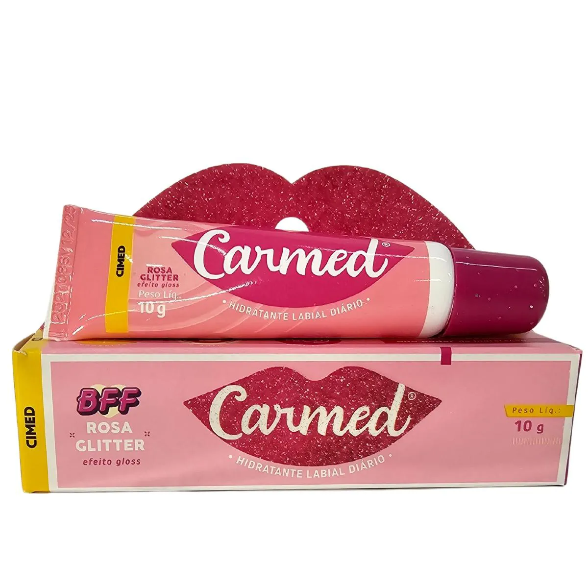 HIDRATANTE LABIAL COM COR ROSA GLITTER EFEITO GLOSS BFF CARMED CIMED 10G