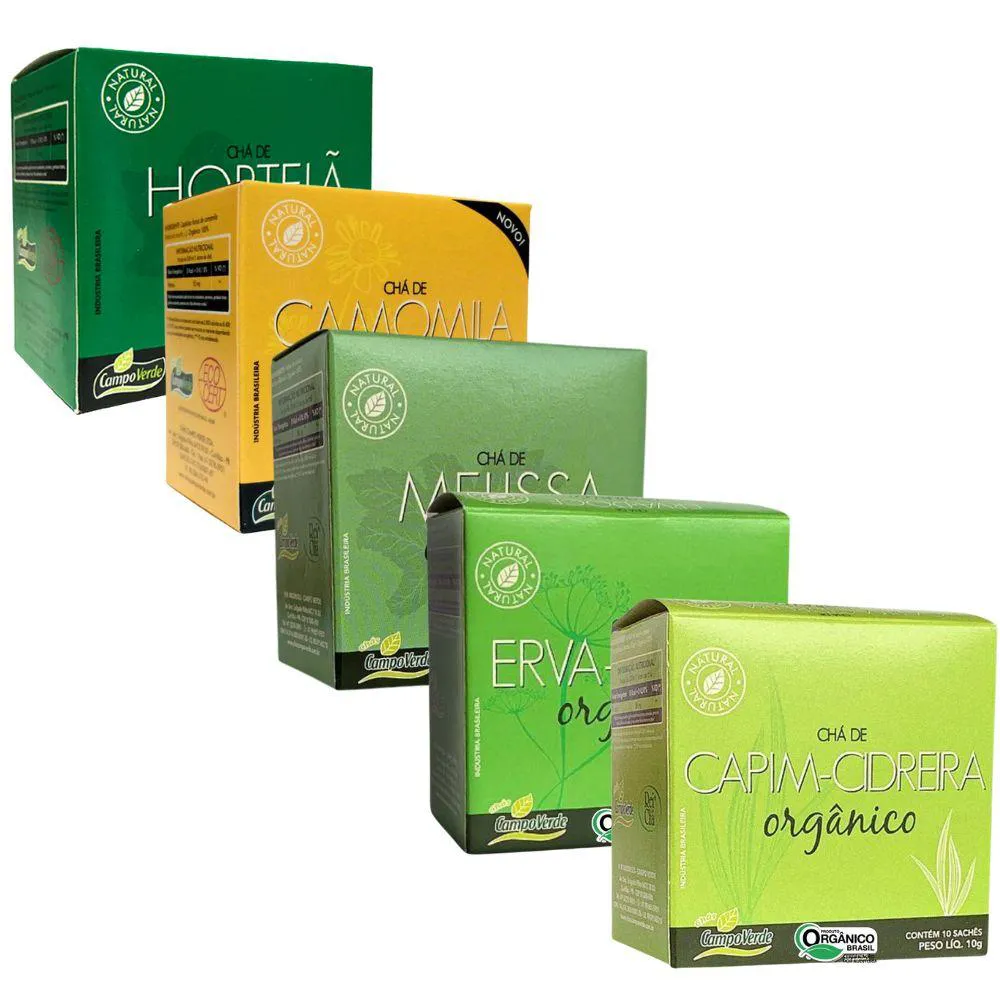 KIT 5 MISTO SABORES HORTELã CAPIM CIDREIRA ERVA DOCE CAMOMILA MELISSA CAMPO VERDE 50 SACHES