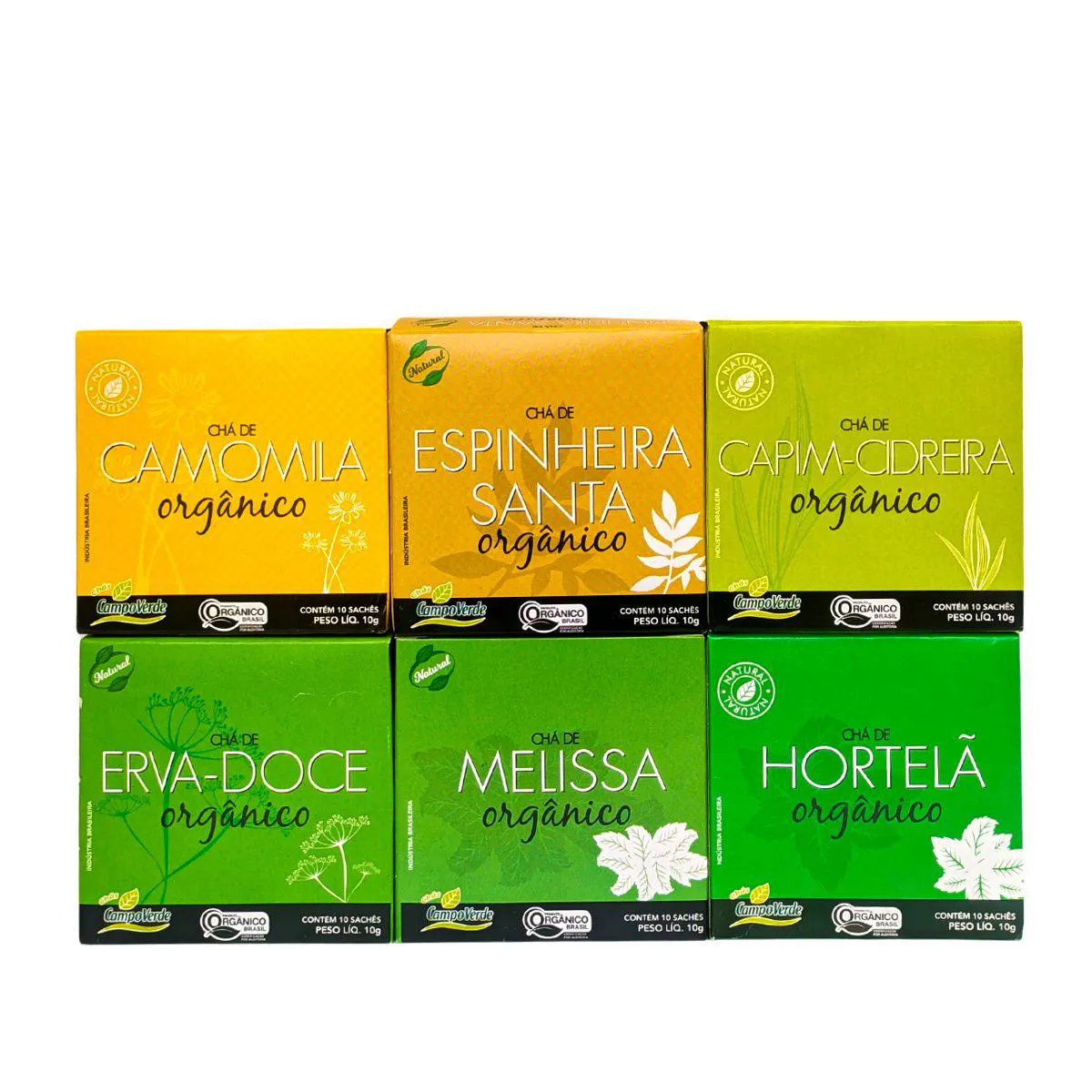 KIT CHá SABORES HORTELã ESPINHEIRA SANTA CAPIM CIDREIRA ERVA DOCE CAMOMILA MELISSA CAMPO VERDE 60 SACHES