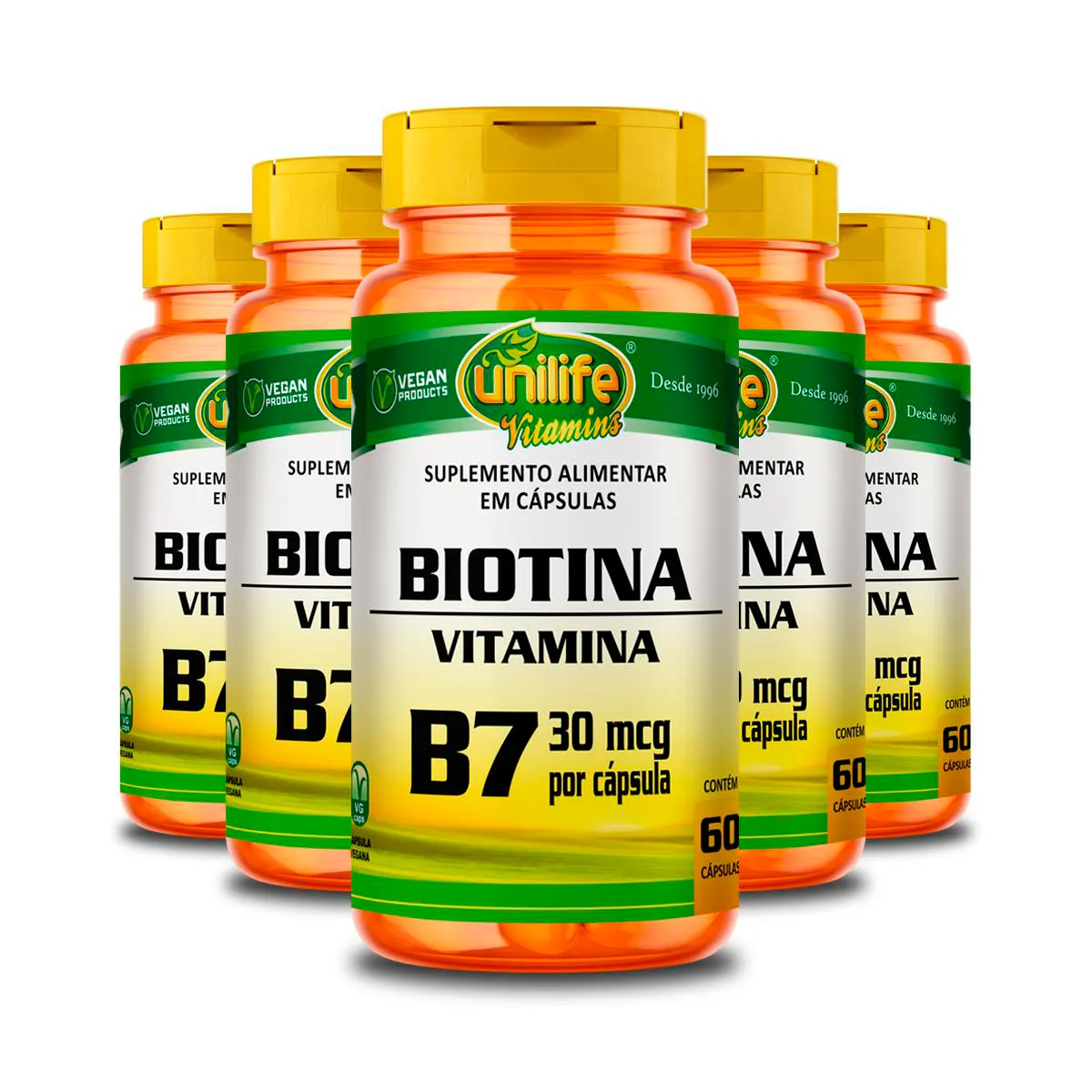 Kit Vitamina B7 Biotina Unilife 30mcg 5 unidades 60 cápsulas 