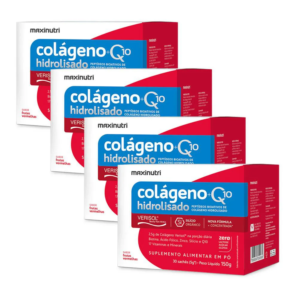 KIT 4 COLáGENO HIDROLISADO VERISOL SACHêS FRUTAS VERMELHAS COM Q10 MAXINUTRI