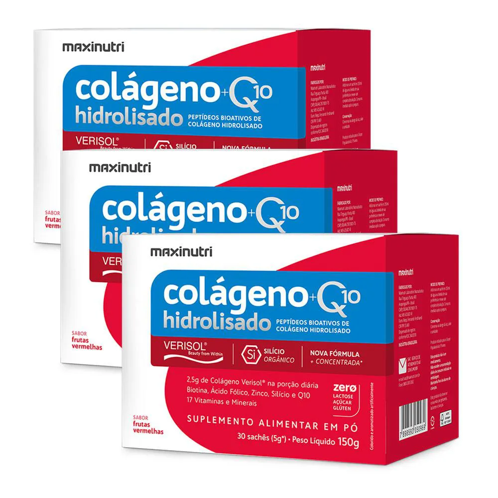 KIT 3 COLáGENO HIDROLISADO VERISOL SACHêS FRUTAS VERMELHAS COM Q10 MAXINUTRI