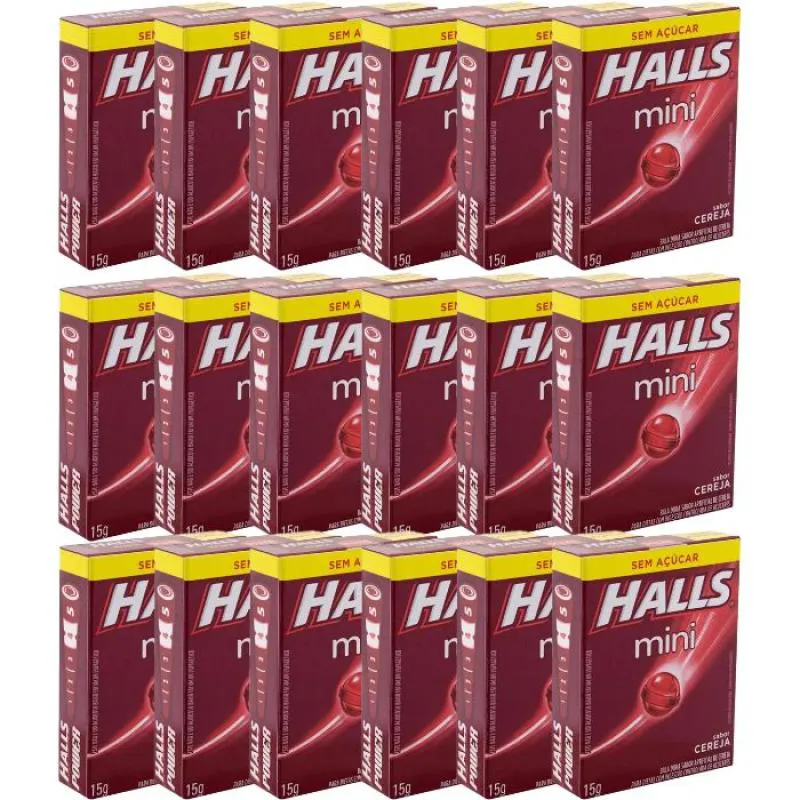 BALA HALLS SEM AçúCAR MINI CEREJA CONTENDO 18 CAIXINHAS DE 15G CADA