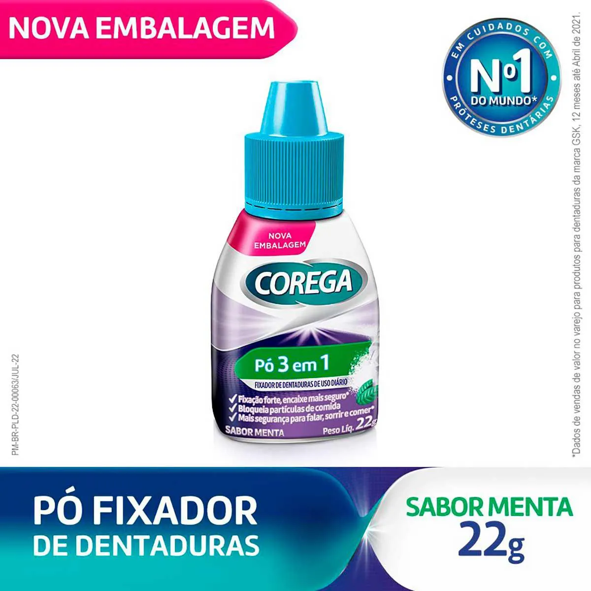 Pó Fixador de Dentadura Corega 3 em 1 Sabor Menta 22g