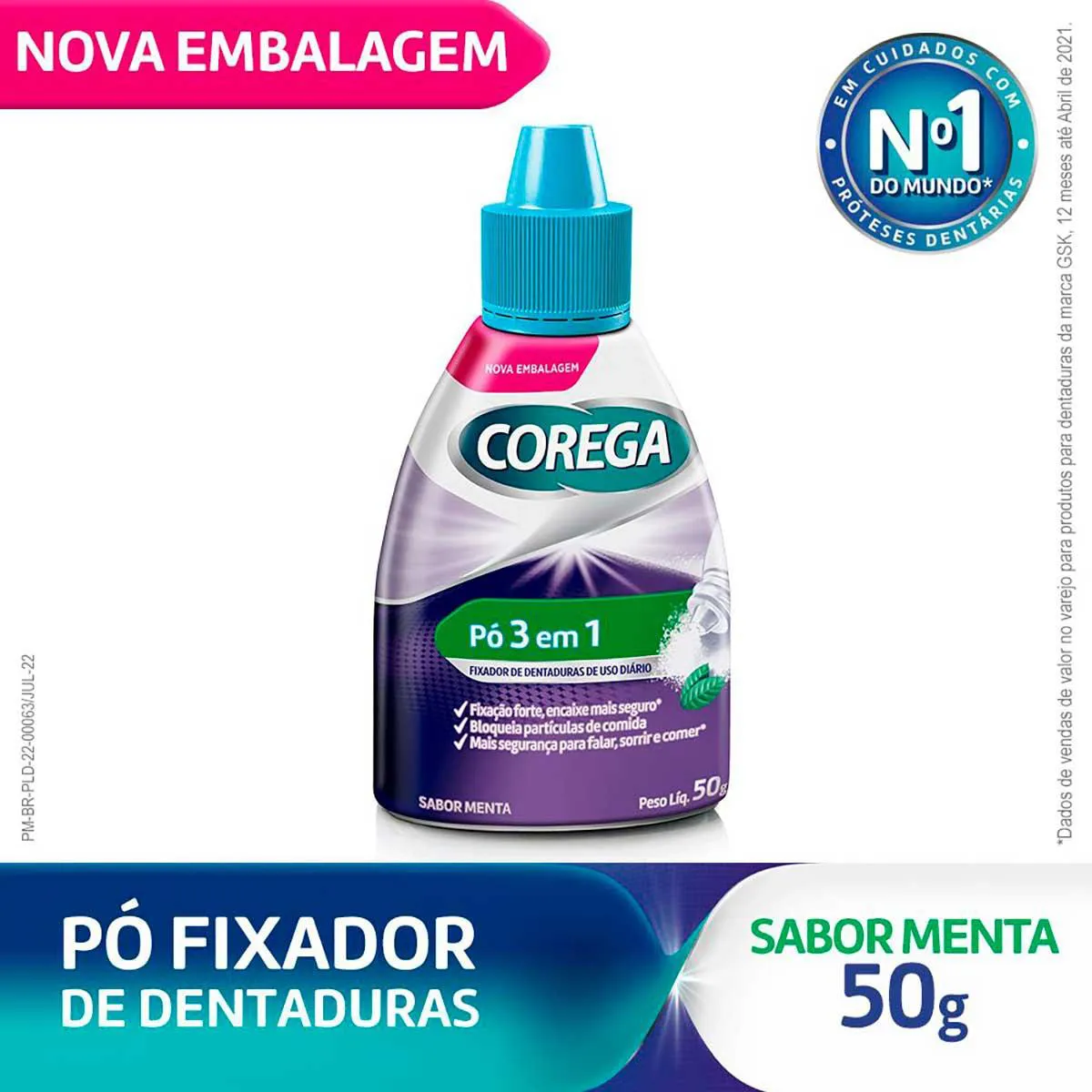 Pó Fixador de Dentaduras Corega 3 em 1 Sabor Menta 50g