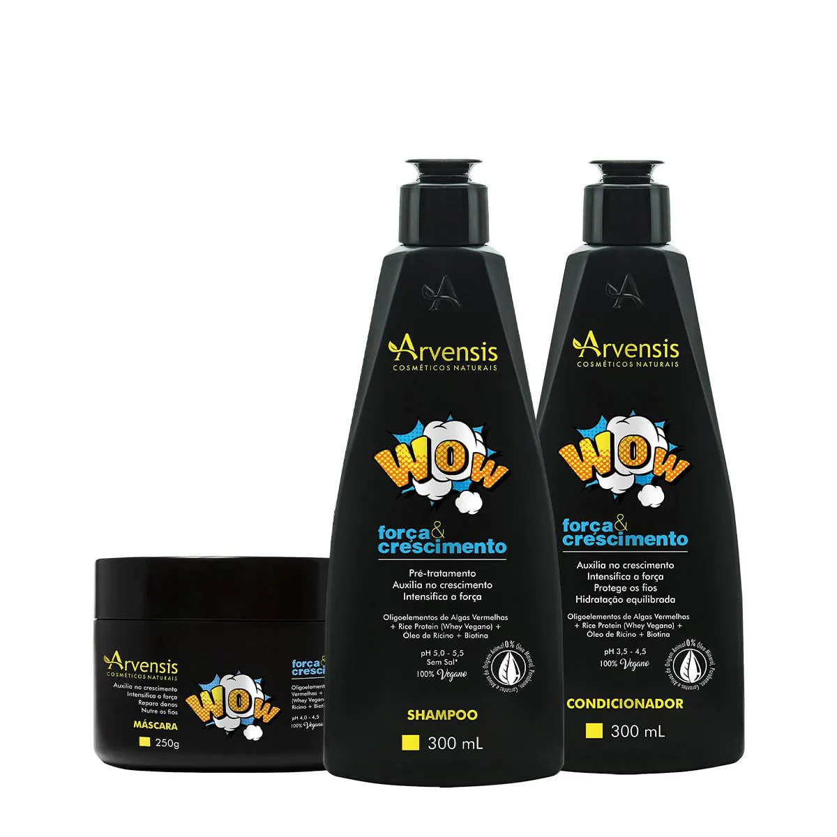 KIT ARVENSIS WOW FORçA E CRESCIMENTO SHAMPOO CONDICIONADOR E MáSCARA (3 PRODUTOS)