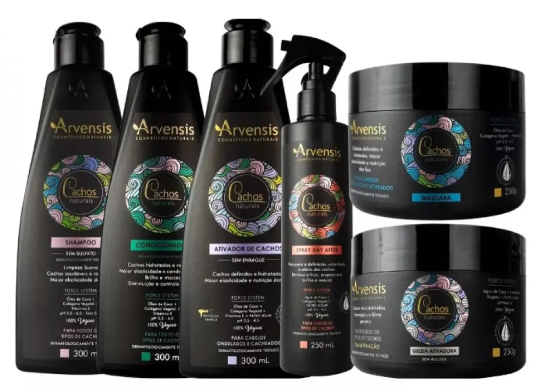KIT CACHOS ARVENSIS SHAMPOO CONDICIONADOR MáSCARA ATIVADOR GELATINA DAY AFTER
