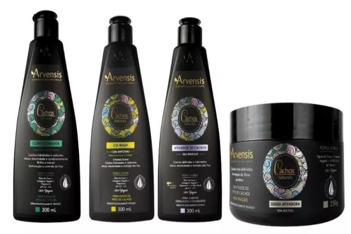 KIT ARVENSIS CACHOS COND + CO-WASH + GELATINA + ATIVADOR DE CACHOS ONDULADOS E CACHEADOS CACHOS NATURAIS